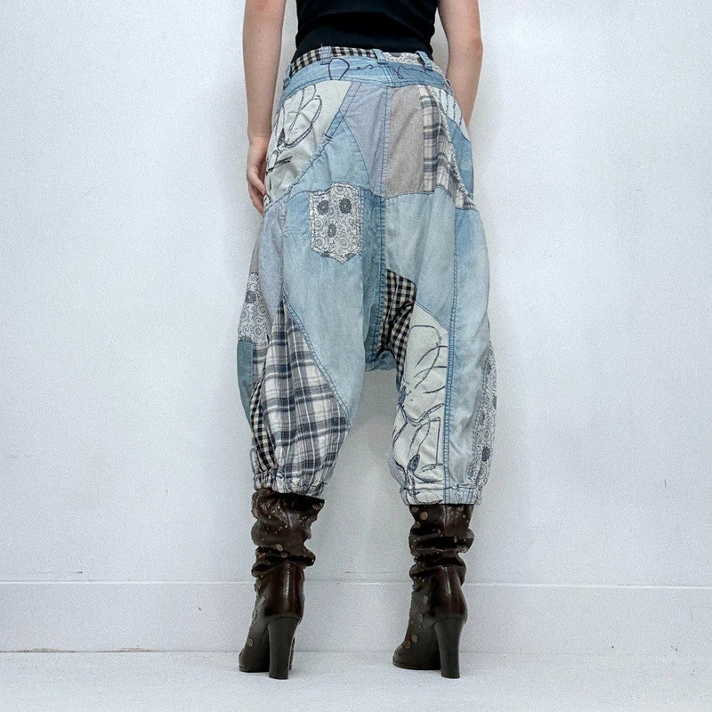 archival grunge patchwork denim puff trousers