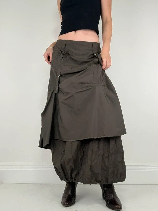 khaki layered tech utility maxi skirt