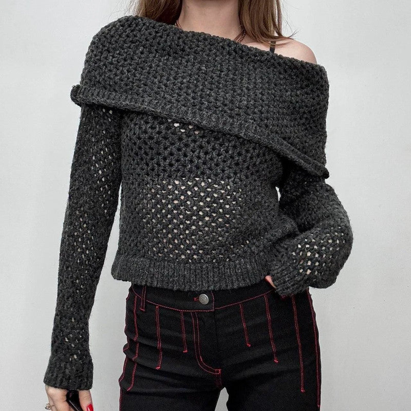 chunky sheer knit fold over jumper
