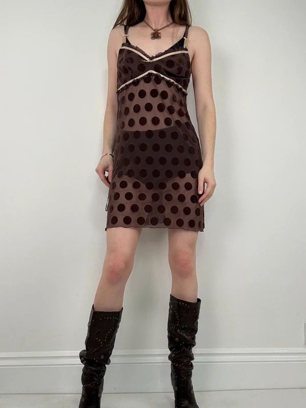 brown polkadot sheer mini slip dress