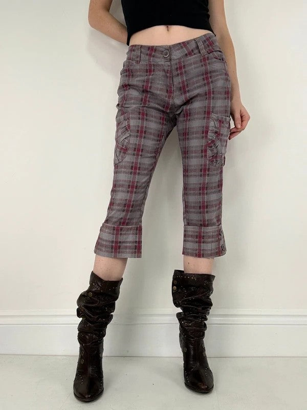 tartan checked red cargo denim capri pants