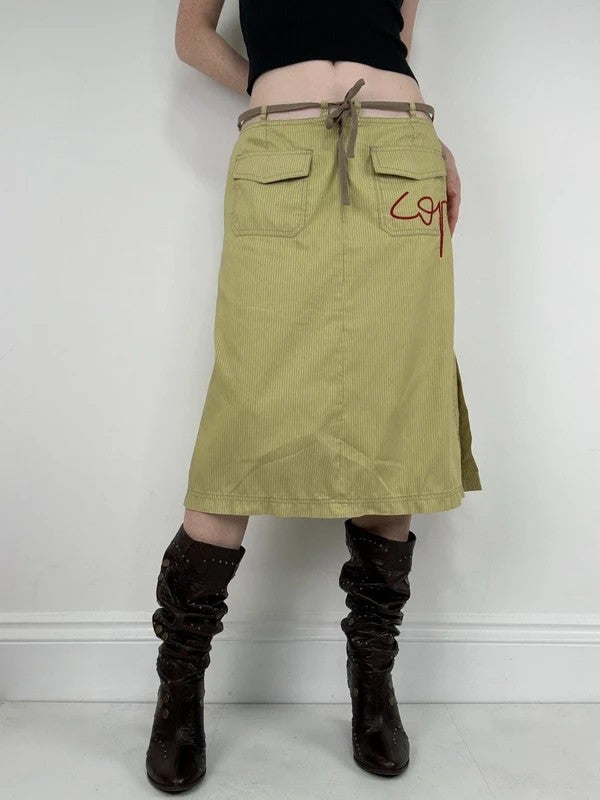 green pinstripe Cop Copine midi cargo skirt