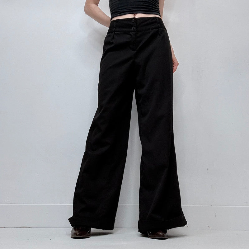 flared black wide leg trousers