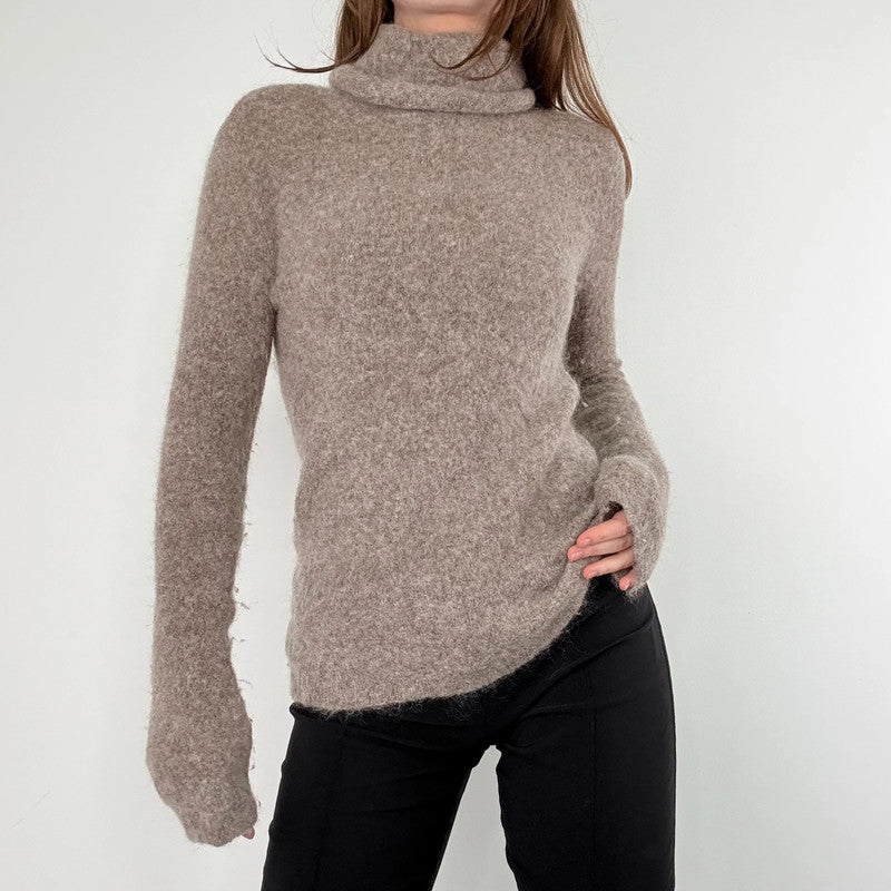 brown taupe fluffy knit mock neck