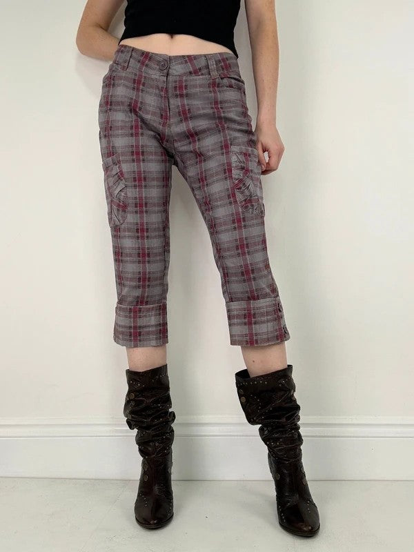 tartan checked red cargo denim capri pants
