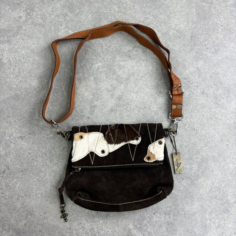 brown suede cowhide leather patchwork bag