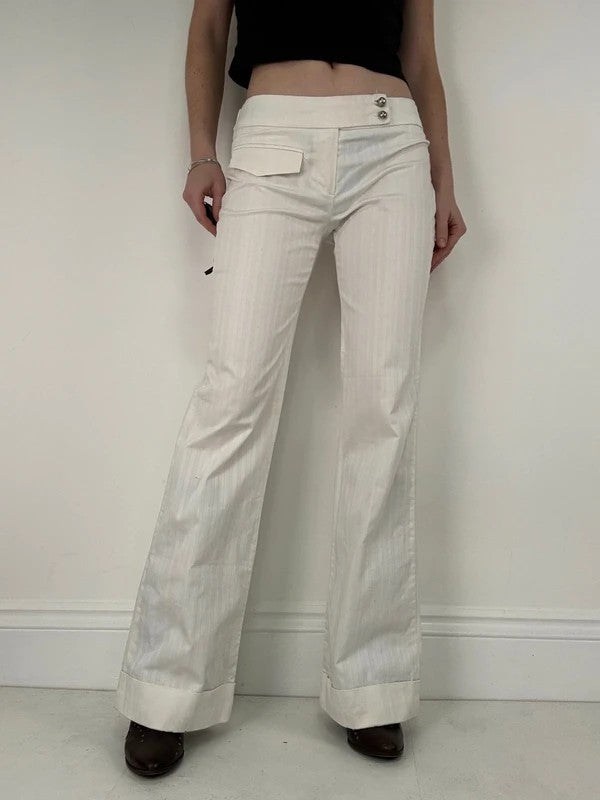 Lot rise white cotton pinstripe flared trousers