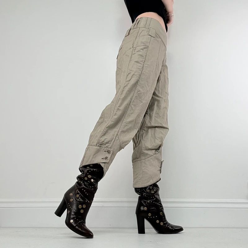 khaki low rise puff pleated trousers
