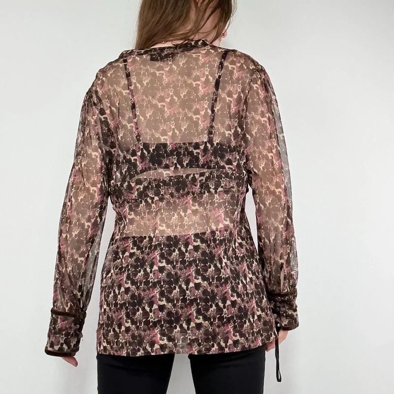 sheer brown and pink printed flared shirt