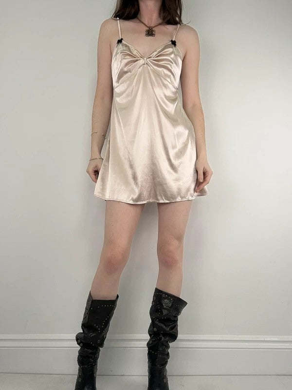 Satin dusty pink mini bow slip dress