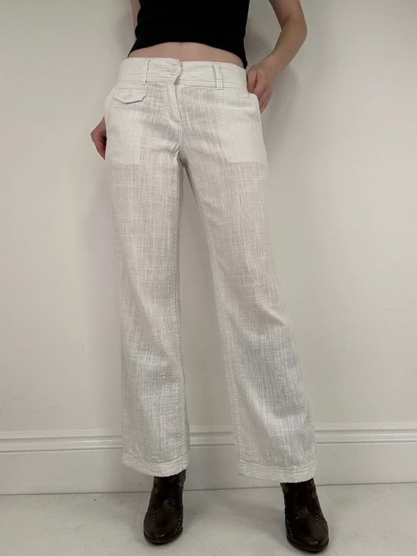 white linen wide leg low rise trousers