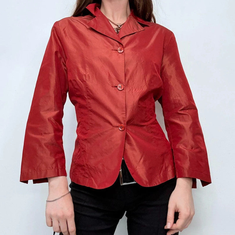 red flared silk shirt