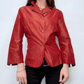 red flared silk shirt