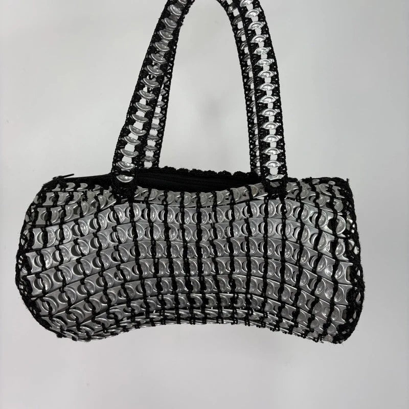 Vintage crochet can tab silver barrel handbag