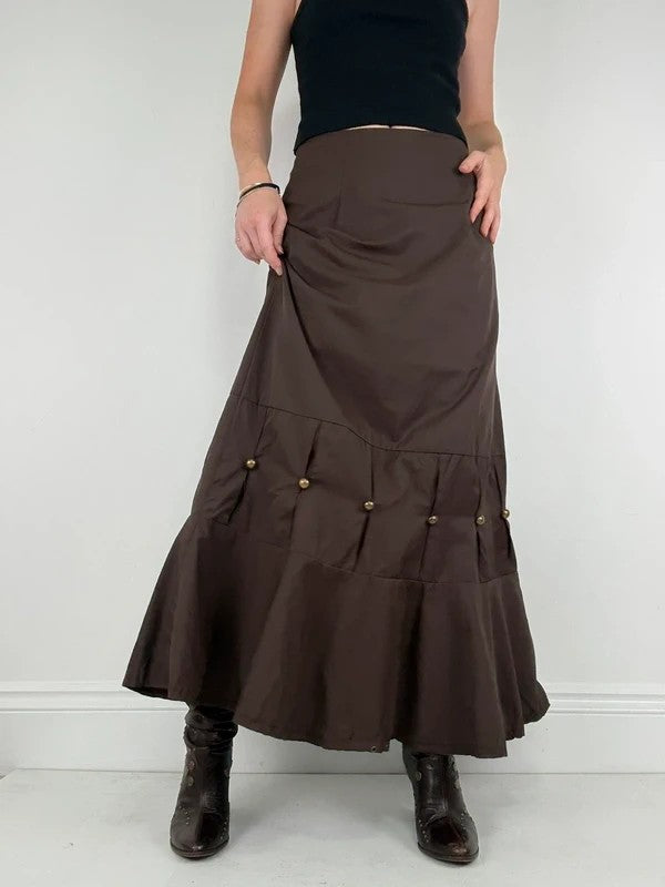 brown flared studded pleated maxi skirt