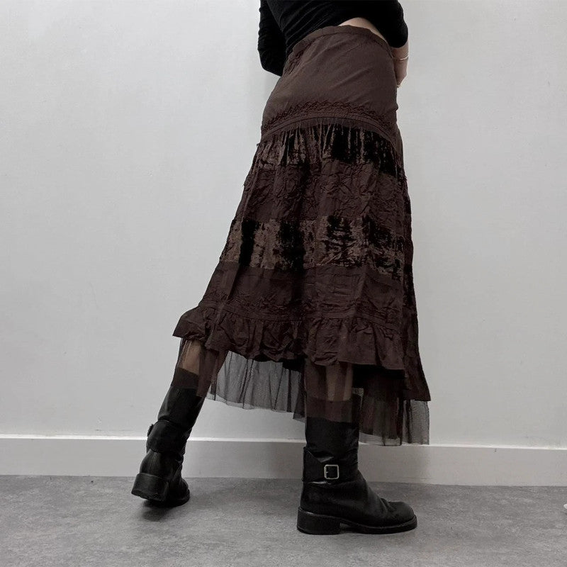 brown velvet lace midi skirt
