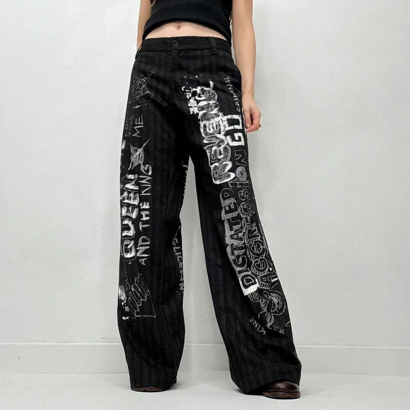 black pinstripe graphic text trousers