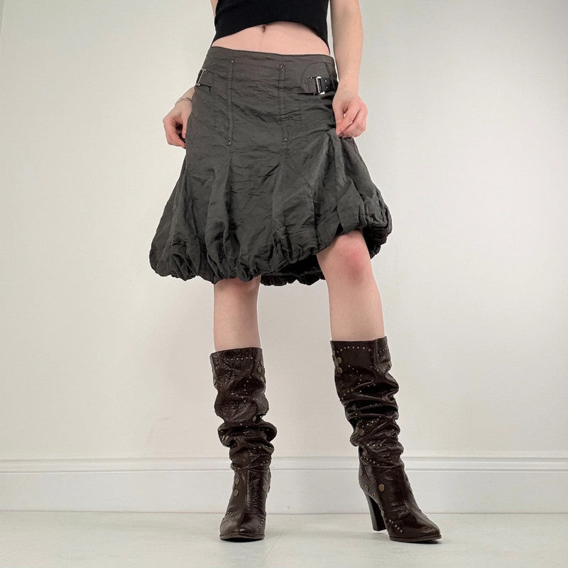 khaki pleated gathered puff skirt