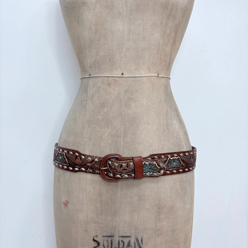 Western engraved brown leather boho belt