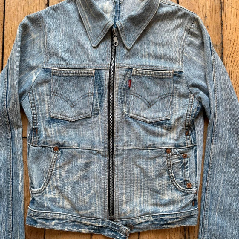distressed patched denim jacket