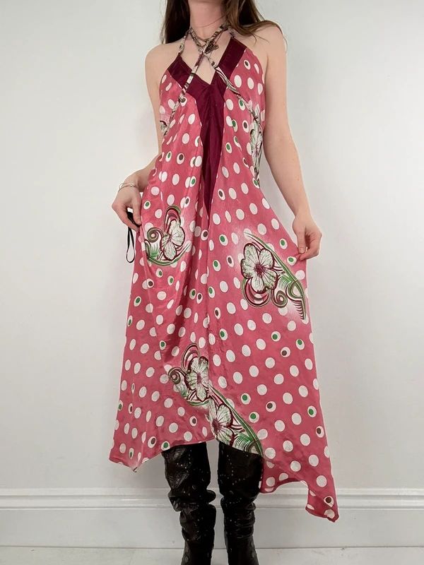 pink polkadot handkerchief maxi dress
