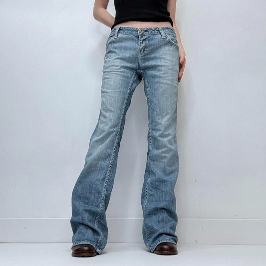 distressed flared leg low rise jeans