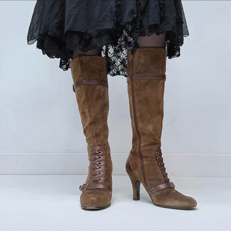 Khaki suede pointed toe pixie boots