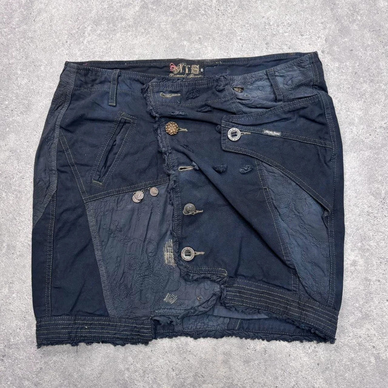 distressed patchwork asymmetric skirt