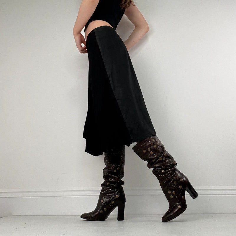 black panelled pleated midi skirt