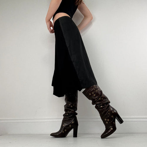black panelled pleated midi skirt