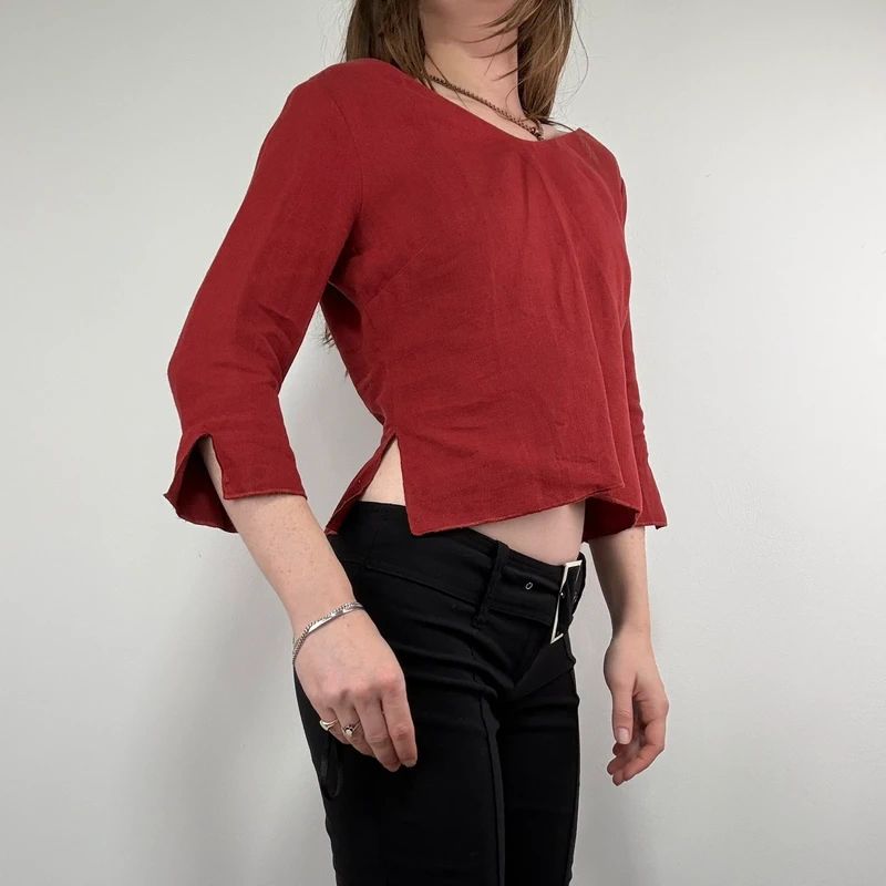 red linen flared fitted slit blouse top