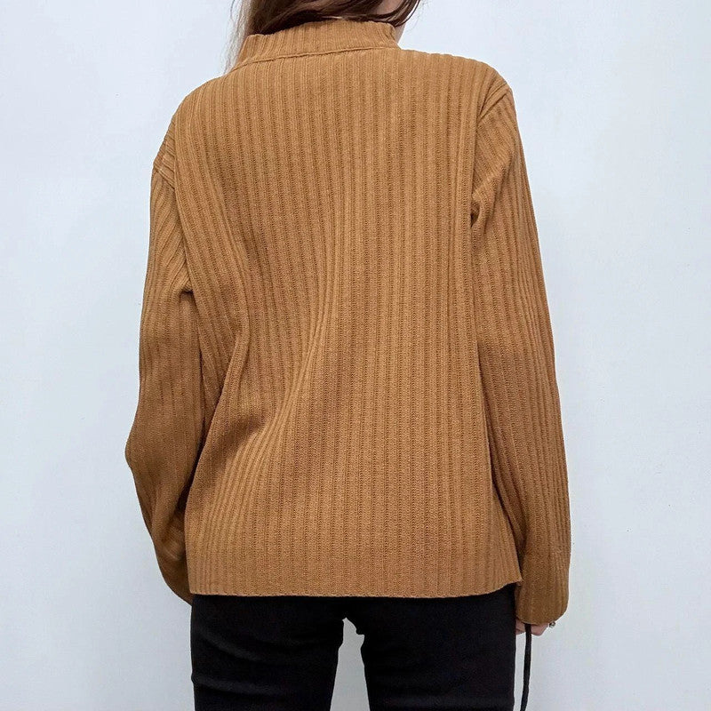 tan ribbed flared asymmetric-zip jumper