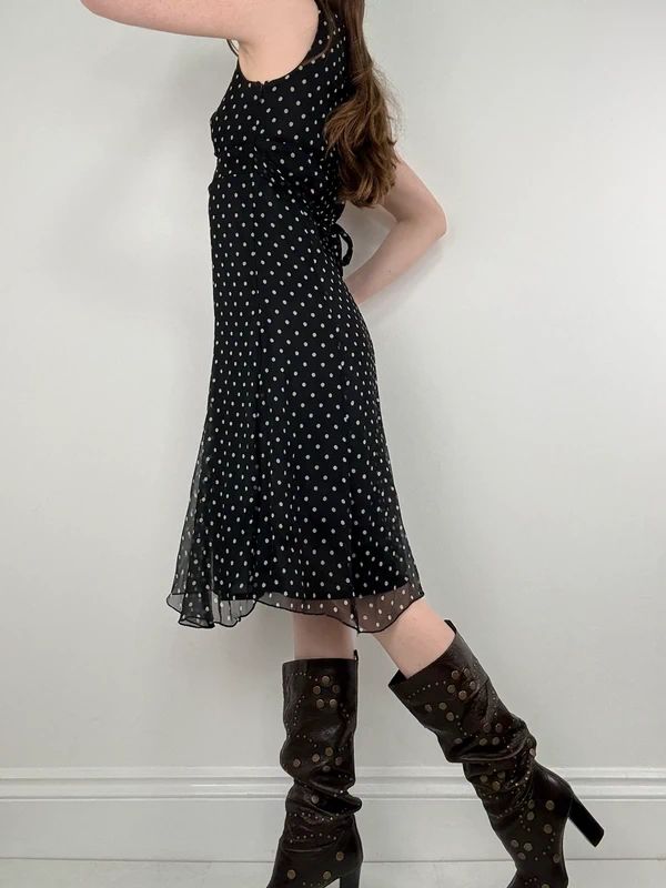 silk black and white polkadot slip dress
