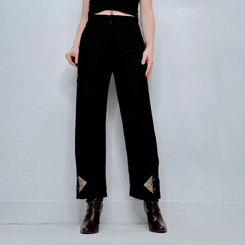 black linen wide leg embroidered trousers