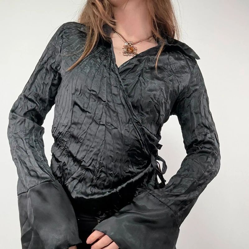 black crinkle satin cropped wrap shirt