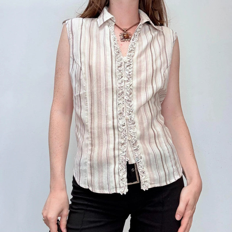 pinstriped sleeveless ruffle shirt blouse