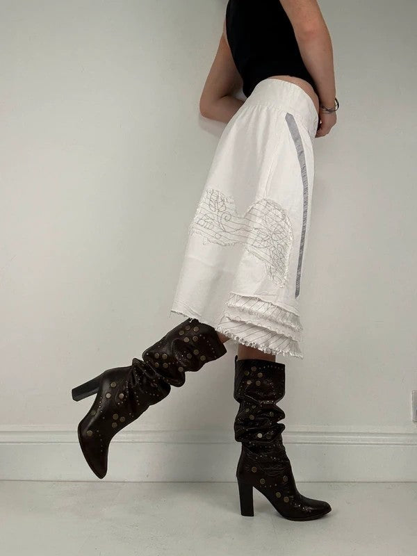 White fray patchwork asymmetrical bow midi skirt