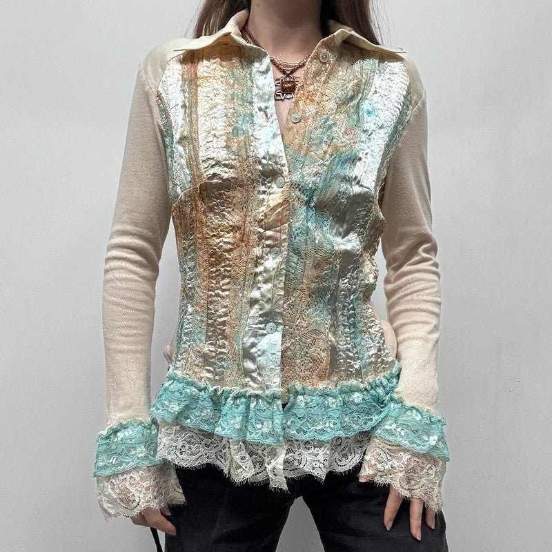 lace flared satin ruffle shirt
