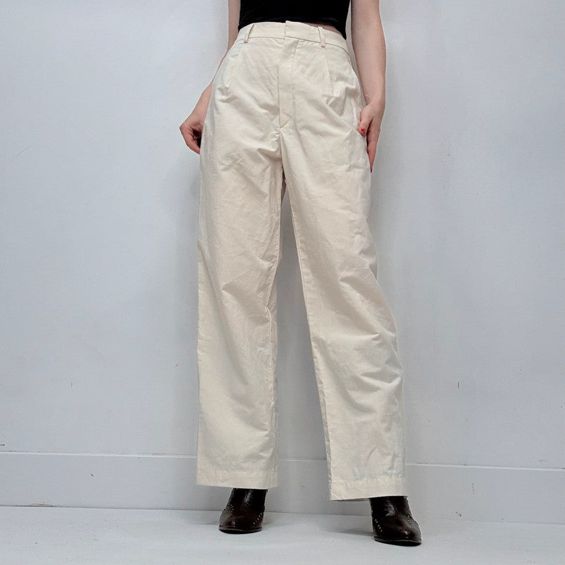 cream linen uniqlo wide leg pleated front trousers