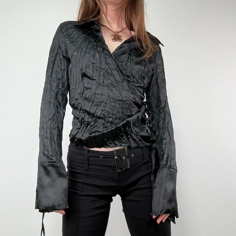 black crinkle satin cropped wrap shirt