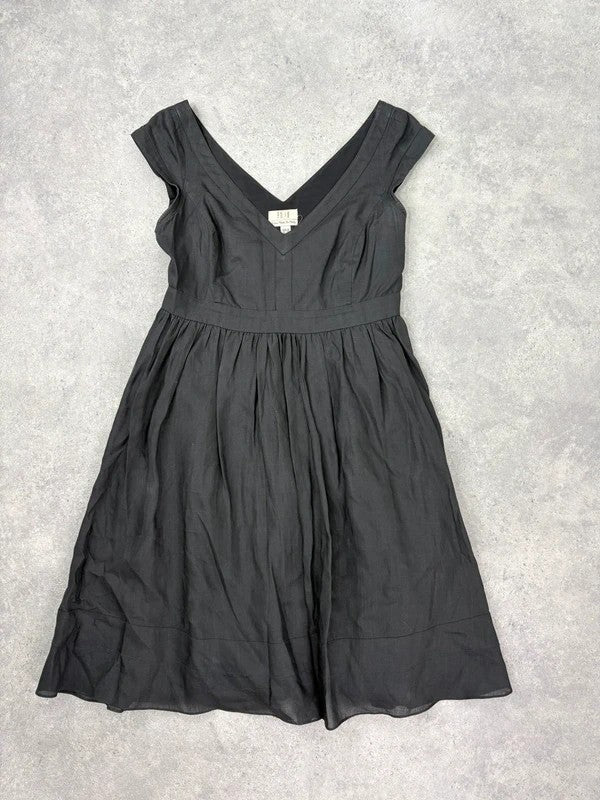 black pleated drop waist linen midi dress