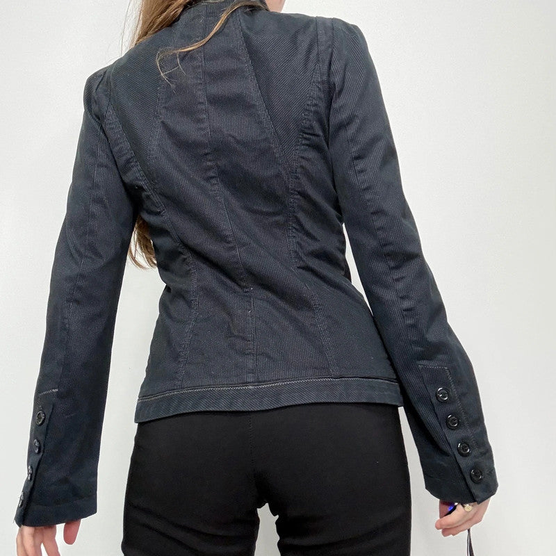 navy pinstripe fitted asymmetric jacket