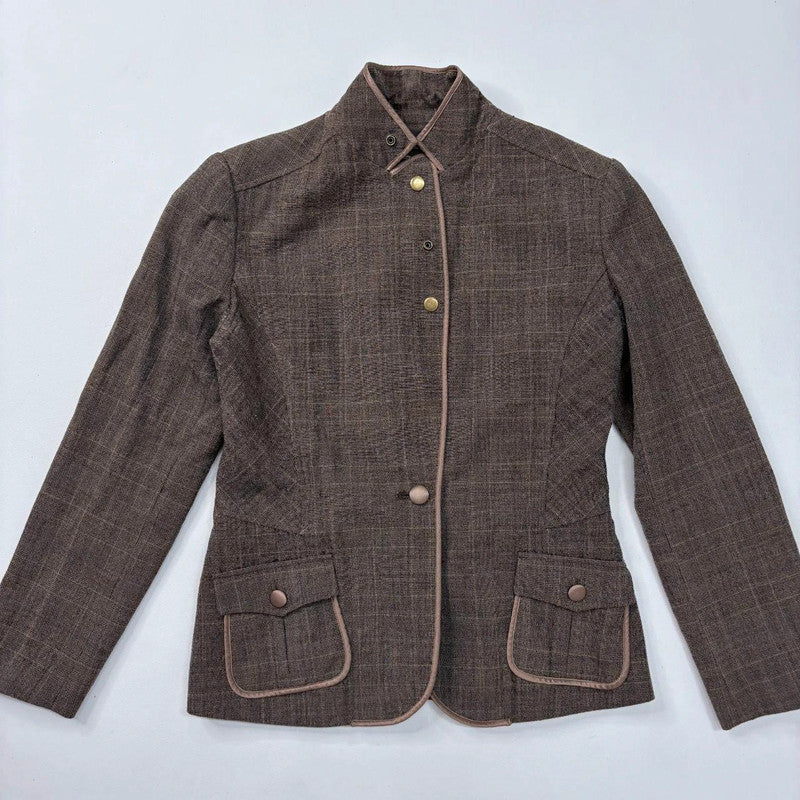 brown tweed high neck popper jacket