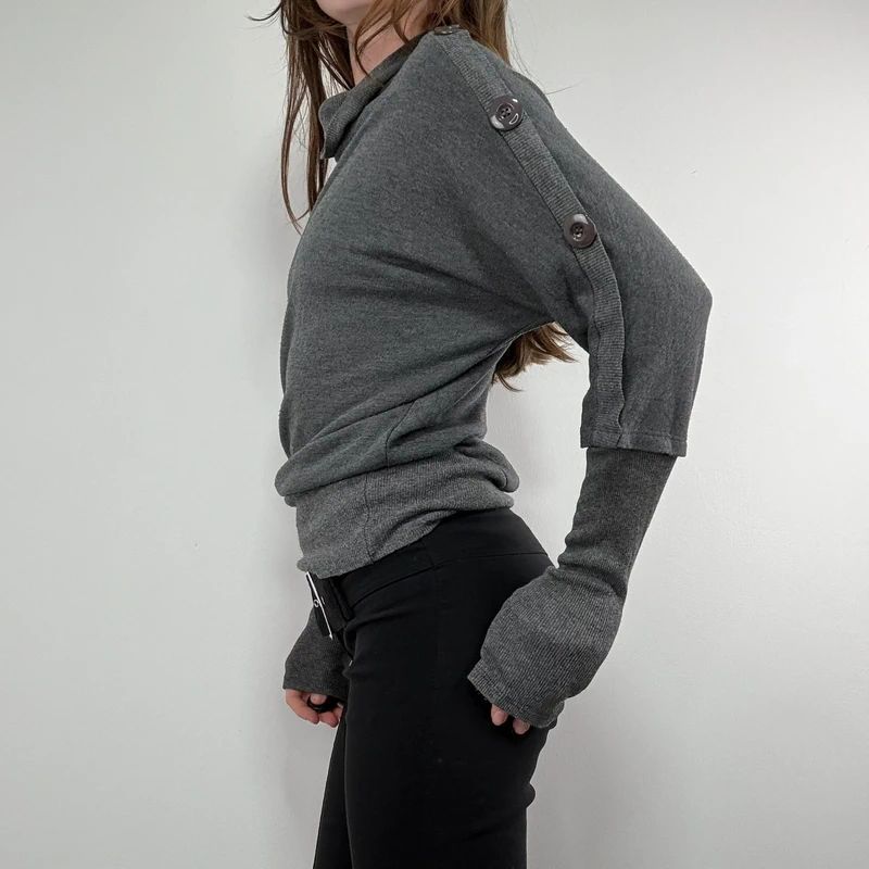 grey slouchy knit ribbed fitted jumper with button details