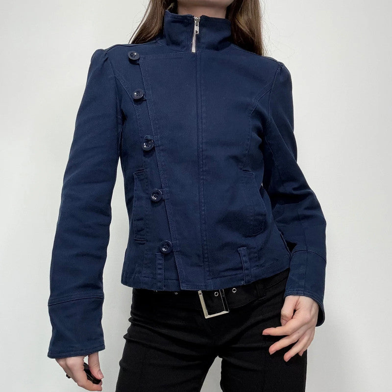 blue asymmetric button military jacket