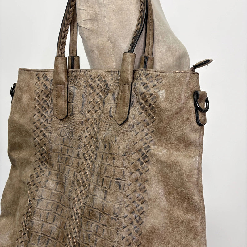 brown textured snake skin bag
