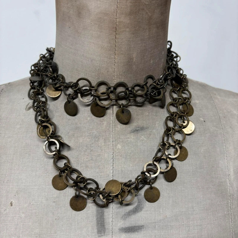 brass link coin long chain necklace