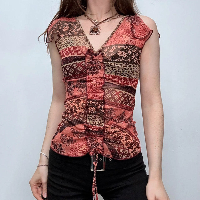 sheer gathered patchwork mesh vest