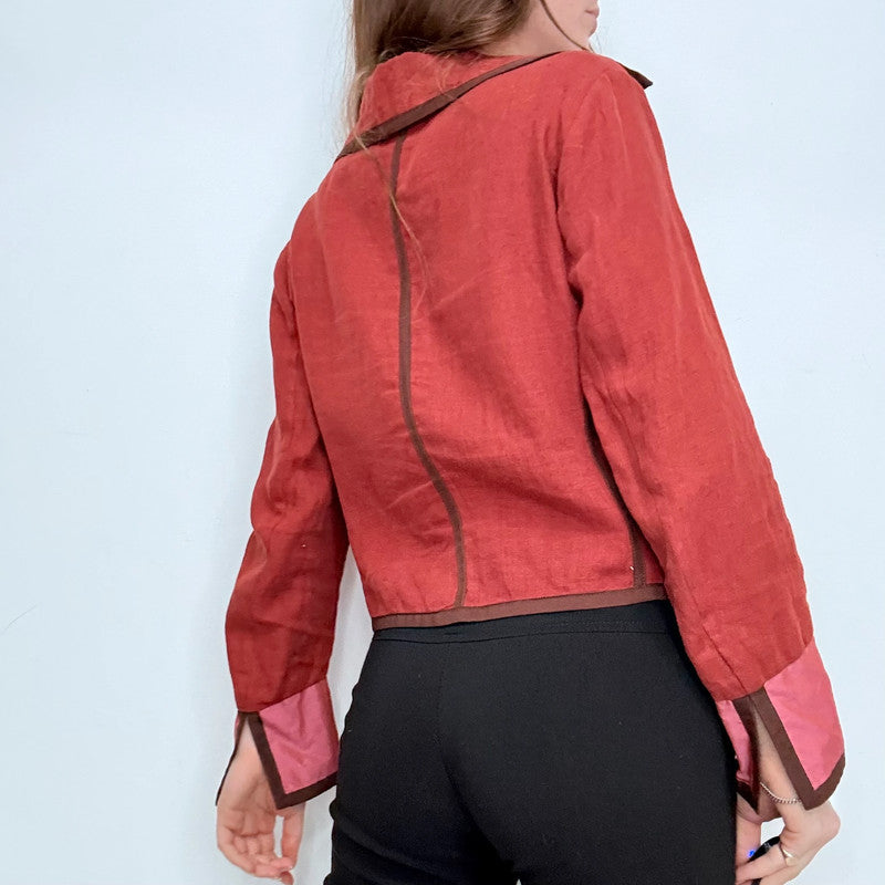 red linen cropped shirt jacket