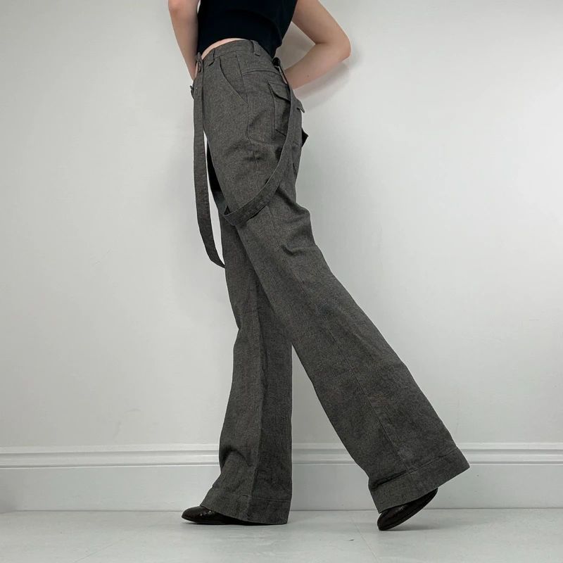 grey suspender flared suit trousers